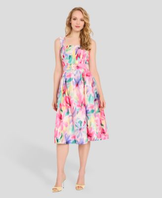 Women's Crinkle Belted Square Neck Midi Dress