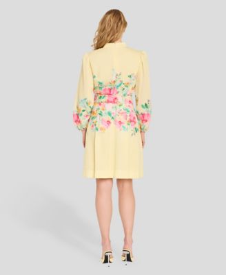 Petite Button-Front Placement Mock neck Print Dress