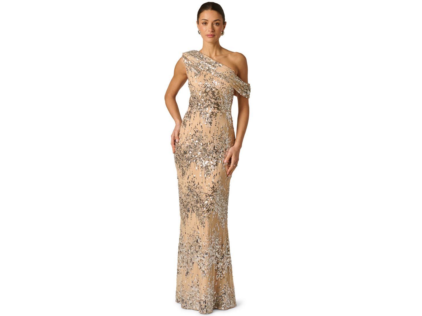 Женские платья Adrianna Draped Sequin One-Shoulder Ball Gown, цвет: Серебряный / Телесный — фото 1