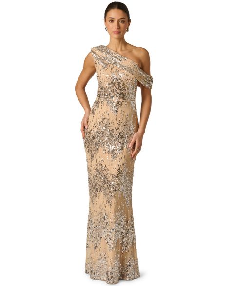Женское платье Adrianna Draped Sequin One-Shoulder Ball Gown, цвет: Серебряный / Телесный