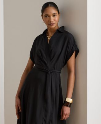Petite Belted Crepe Collared Dress