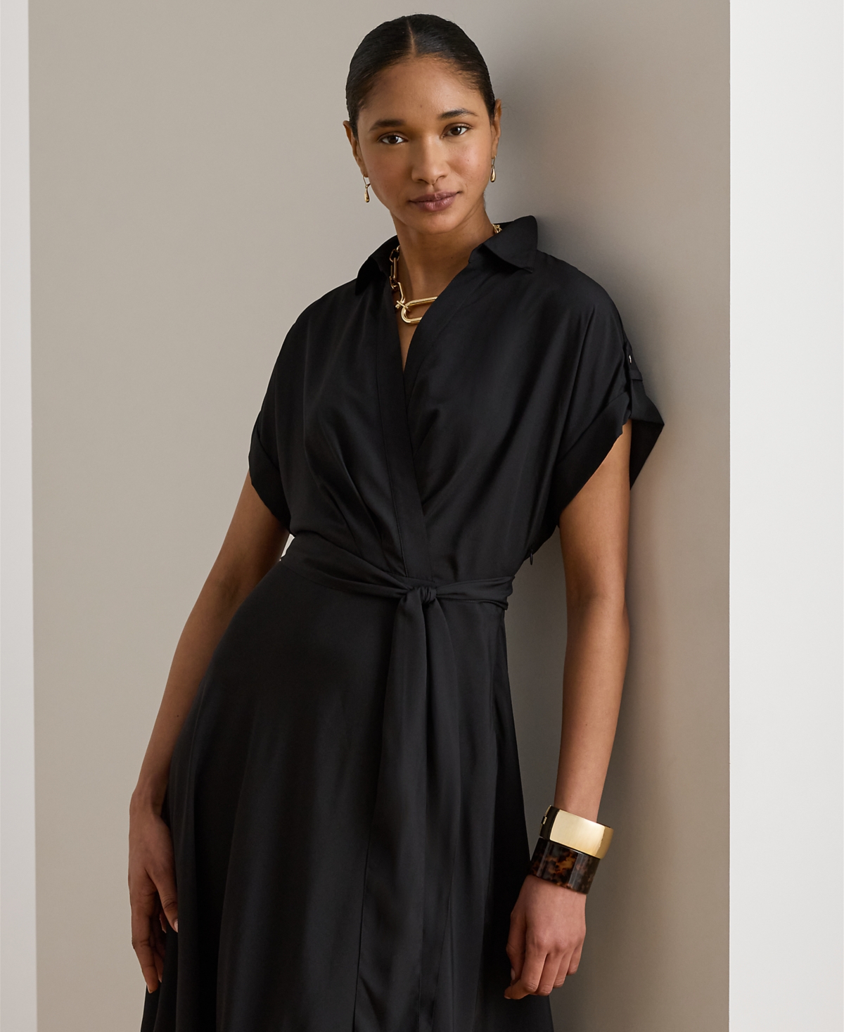 Lauren Ralph Petite Belted Crepe Collared Dress