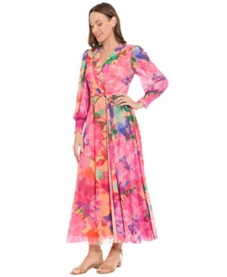Women's Shirred Surplice Twist Bishop-Sleeve Maxi Dress