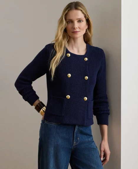 Petite&nbsp;Double-Breasted Crewneck Sweater Jacket - Refined Navy