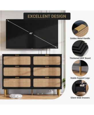 Rattan Dresser with 6 Drawers, Tall Modern Closet with Deep Storage,   Long Wooden Dresser for Bedroom