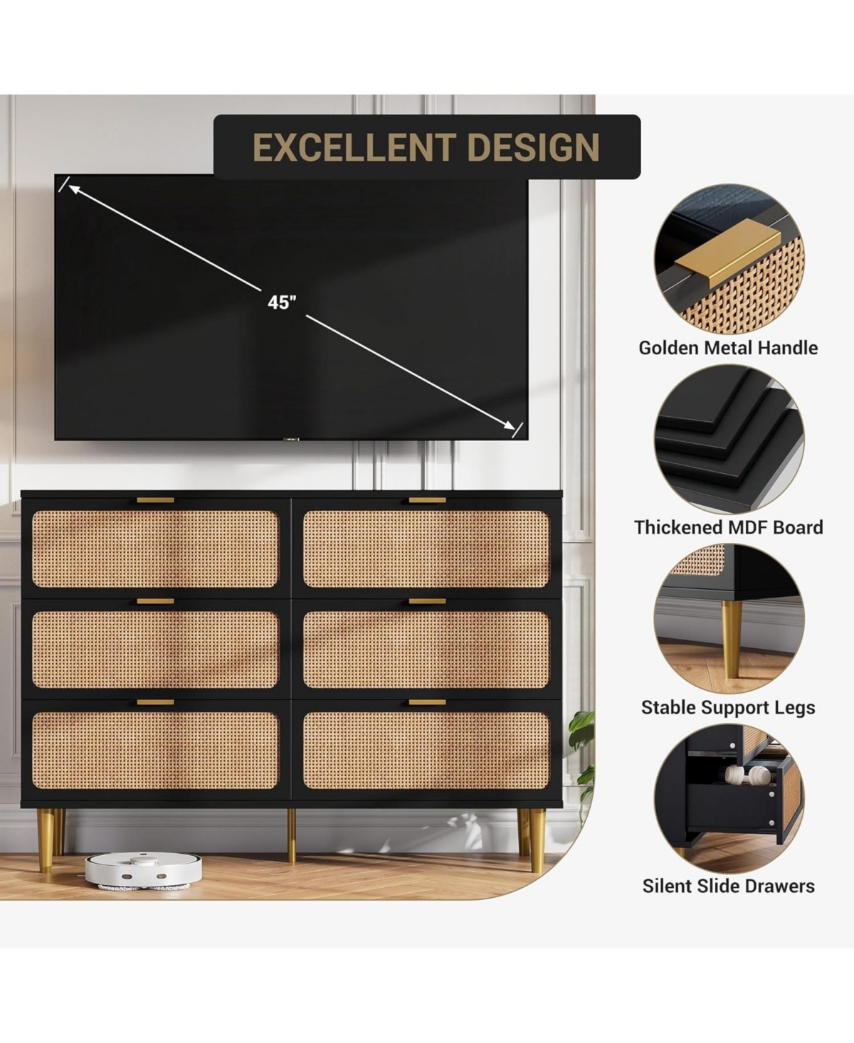 gaomon Rattan Dresser with 6 Drawers, Tall Modern Closet with Deep Storage, Long Wooden Dresser for Bedroom