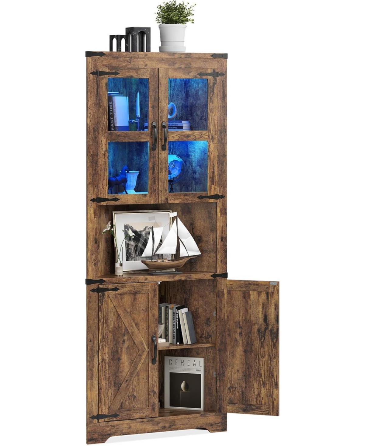 gaomon 67" Tall Corner Storage Cabinet with Lights, Farmhouse Wooden Corner Hutch with Glass Doors, Adjustable Shelves