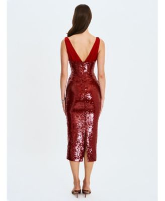 Women's Shanelle Crimson Sequin Plunging Midi Dress