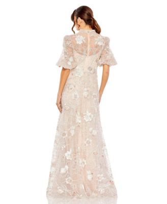 Petite Embroidered Queen Anne Puff Sleeve A Line Gown
