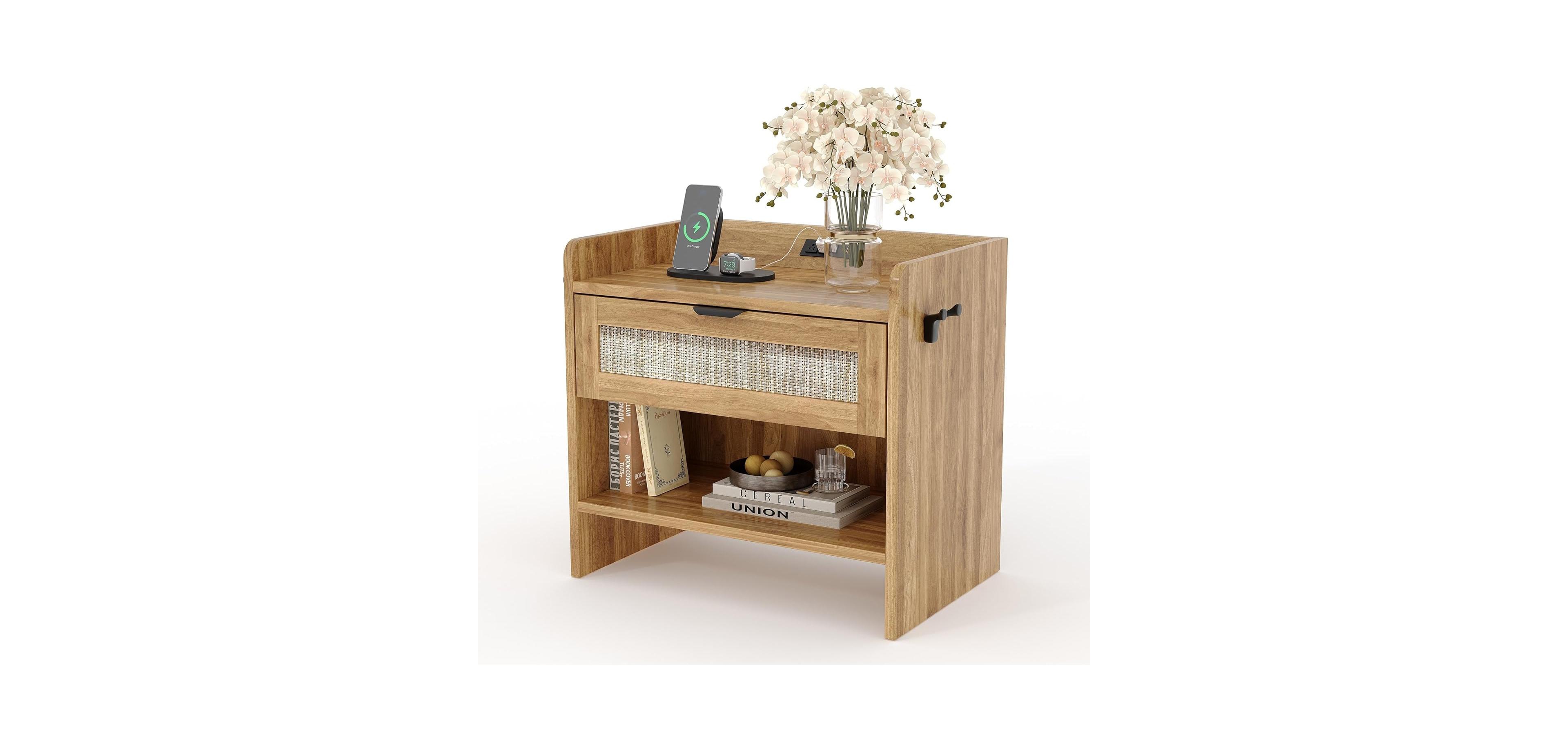 gaomon Boho Rattan Bedside Table with Type-c Charging Station