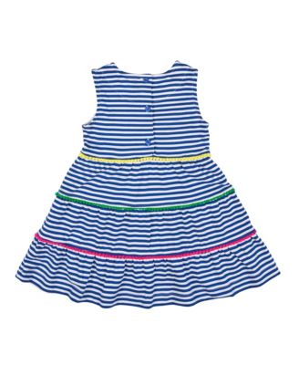Little Girls Stripe Knit Dress With Pom Poms & Flowers