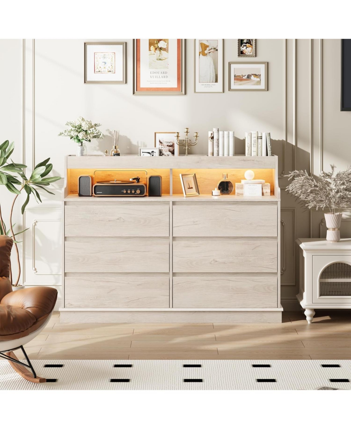 gaomon 6-Drawer Dresser with Led Lights & Charging Station, Wide Storage Chest