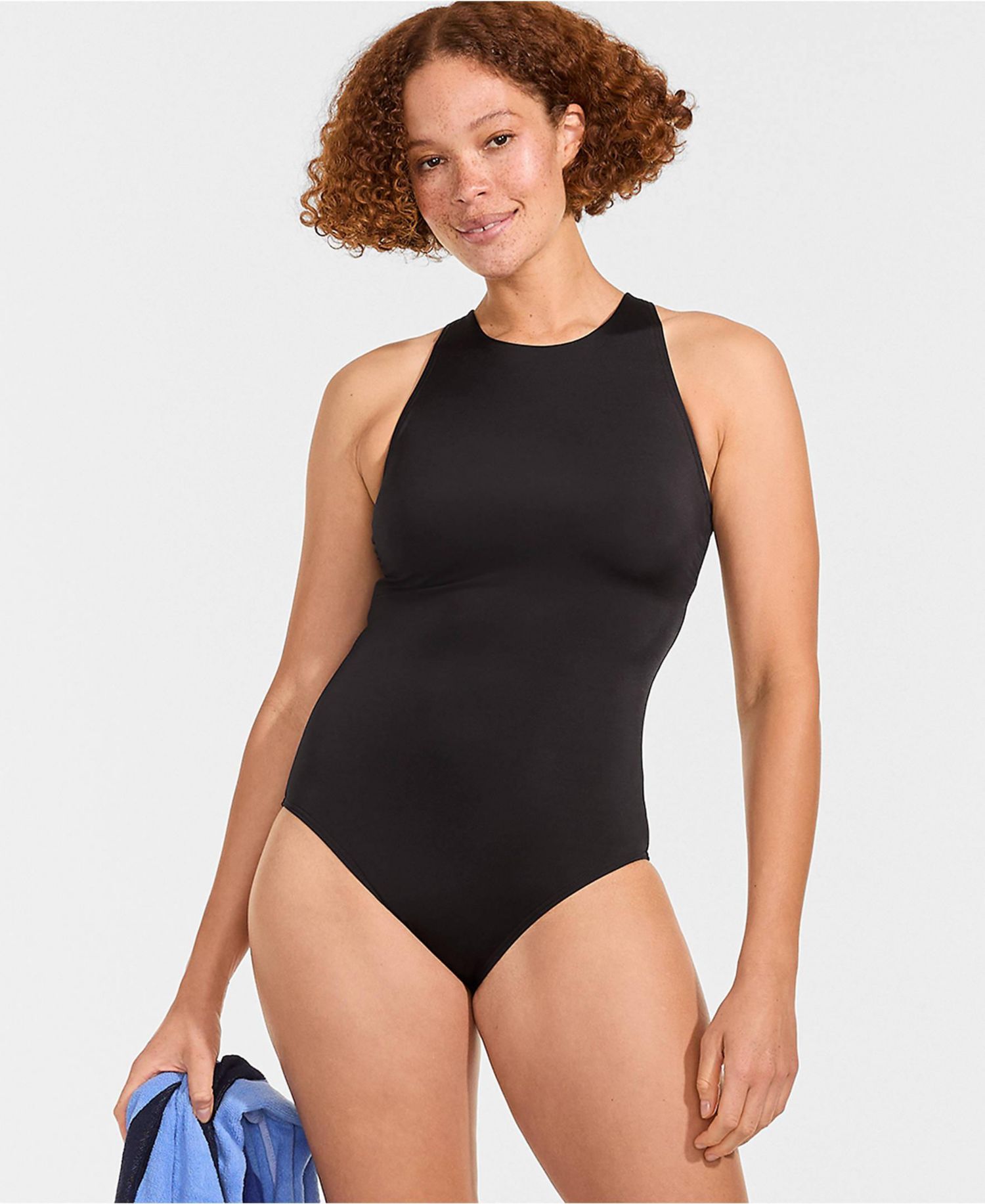 Petite Tugless High Neck Portrait Back One Piece Swimsuit