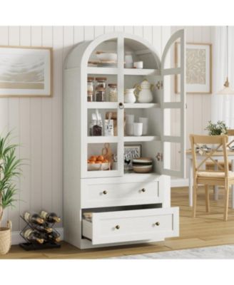 72" Tall Dome Bookcase with Drawers, 4-Tier Wooden Bookshelf Storage Cabinet with Glass Door, Farmhouse Arched Cabinet with Display Shelves