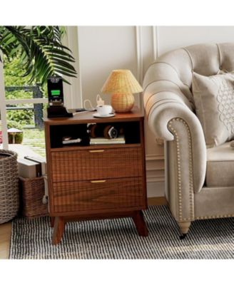 19.7" Fluted Nightstand with Charging Station Set of 2, Solid Wood Nightstands with 2 Drawers and Open Shelf