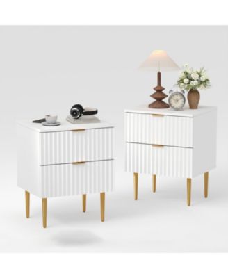 2 Pack Modern Nightstand with USB Charging Station, Gold & Wood Fluted Bedside Night Stand with 2 Drawers, USB Ports & Outlets