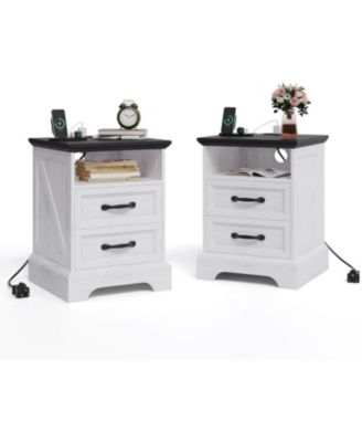 Farmhouse Nightstand with Charging Station Large Rustic Bedside Table with 2 Drawers & Open Shelf, USB Ports & AC Outlets for Bedroom