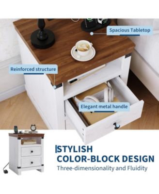 Farmhouse White Nightstand with Charging Station Set of 2, 2 Drawers, USB Ports & Power Outlets