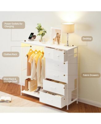 49.2" w Dresser with Hanging Rack & LED Lights, 6-Drawer Closet Organizer with Charging Station, Tall Storage Tower for Bedroom