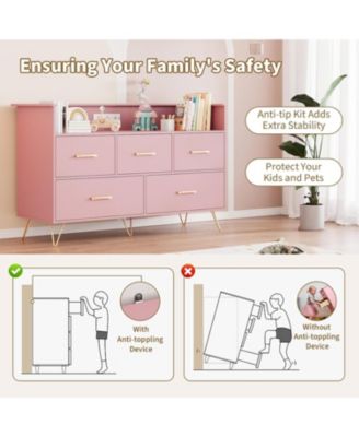 5 Drawer Dresser for Bedroom, 47 in Modern Wooden Dresser with LED Lights & Charging Station, Wide Chest of Drawers Storage Organizer, Pink