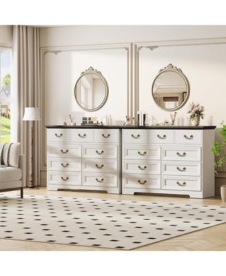 9 Drawer Dresser for Bedroom 47 in Wide Dressers Wood Vintage Chest of Drawers with Natural Texture and Vintage Gold Floral Handles, Farmhouse