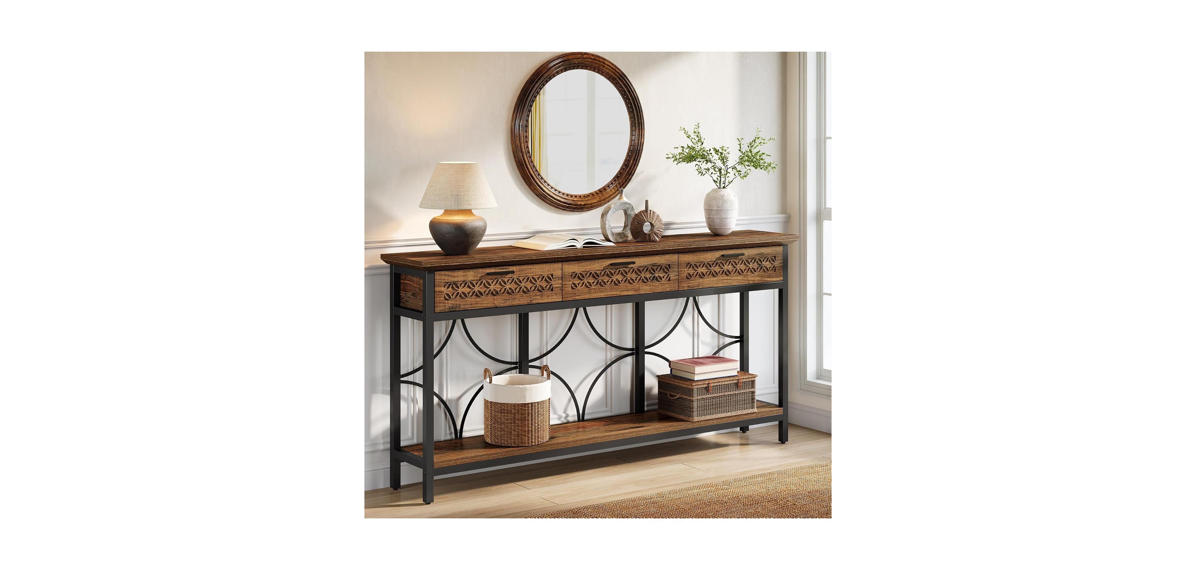 Tribesigns 70.9-Inch Extra Long Console Table with Drawers, Entryway Table with Storage for Entryway, Living Room, Foyer, Unique Design