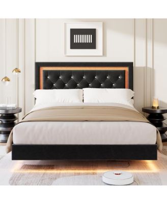 Size Floating Platform Bed Frame with Smart LED Lights, Upholstered Diamond Headboard, Wood Slat Support, No Box Spring Needed