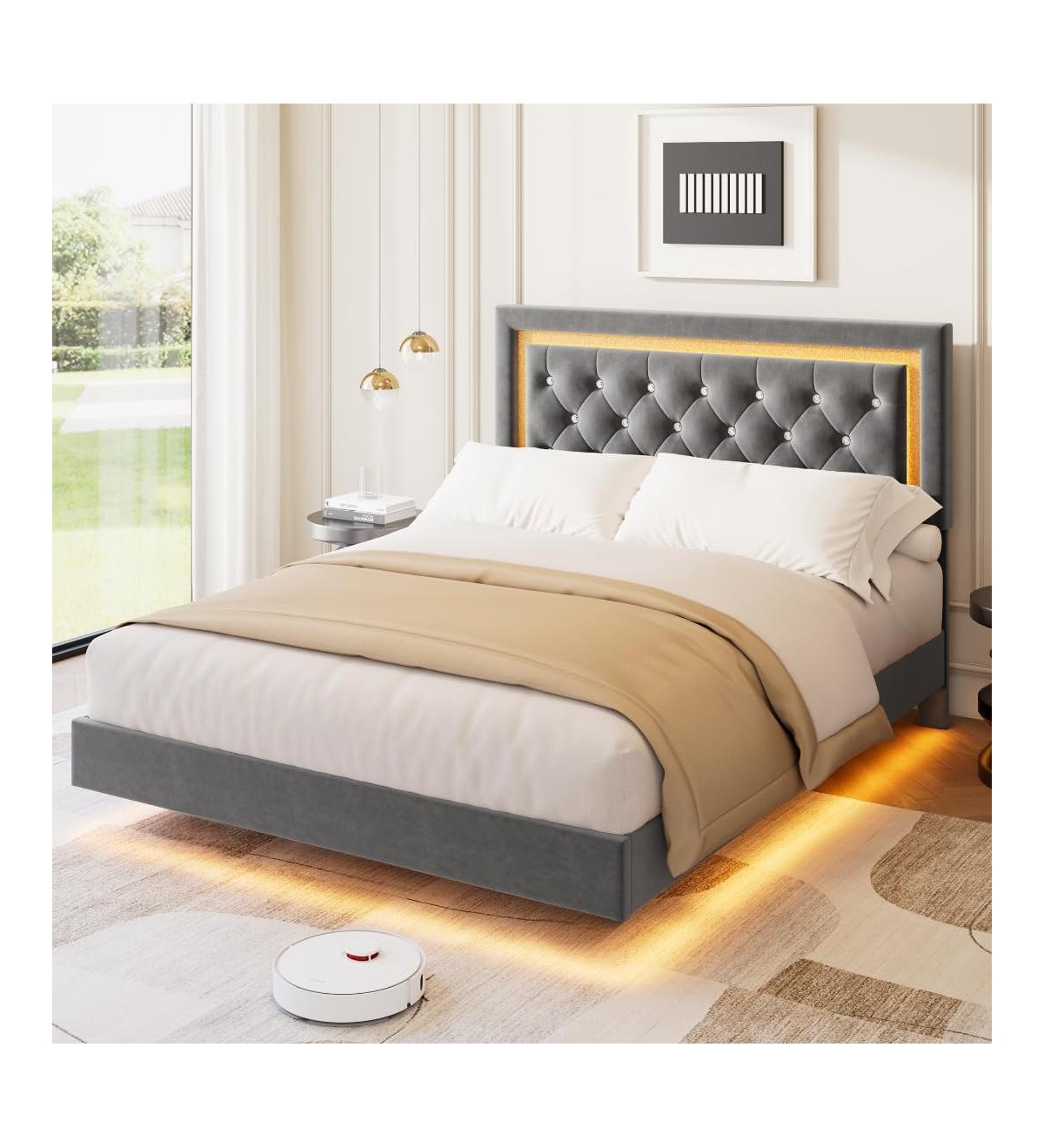 gaomon Floating Platform Bed Frame with Smart Led Lights, Upholstered Diamond Headboard, Wood Slat Support