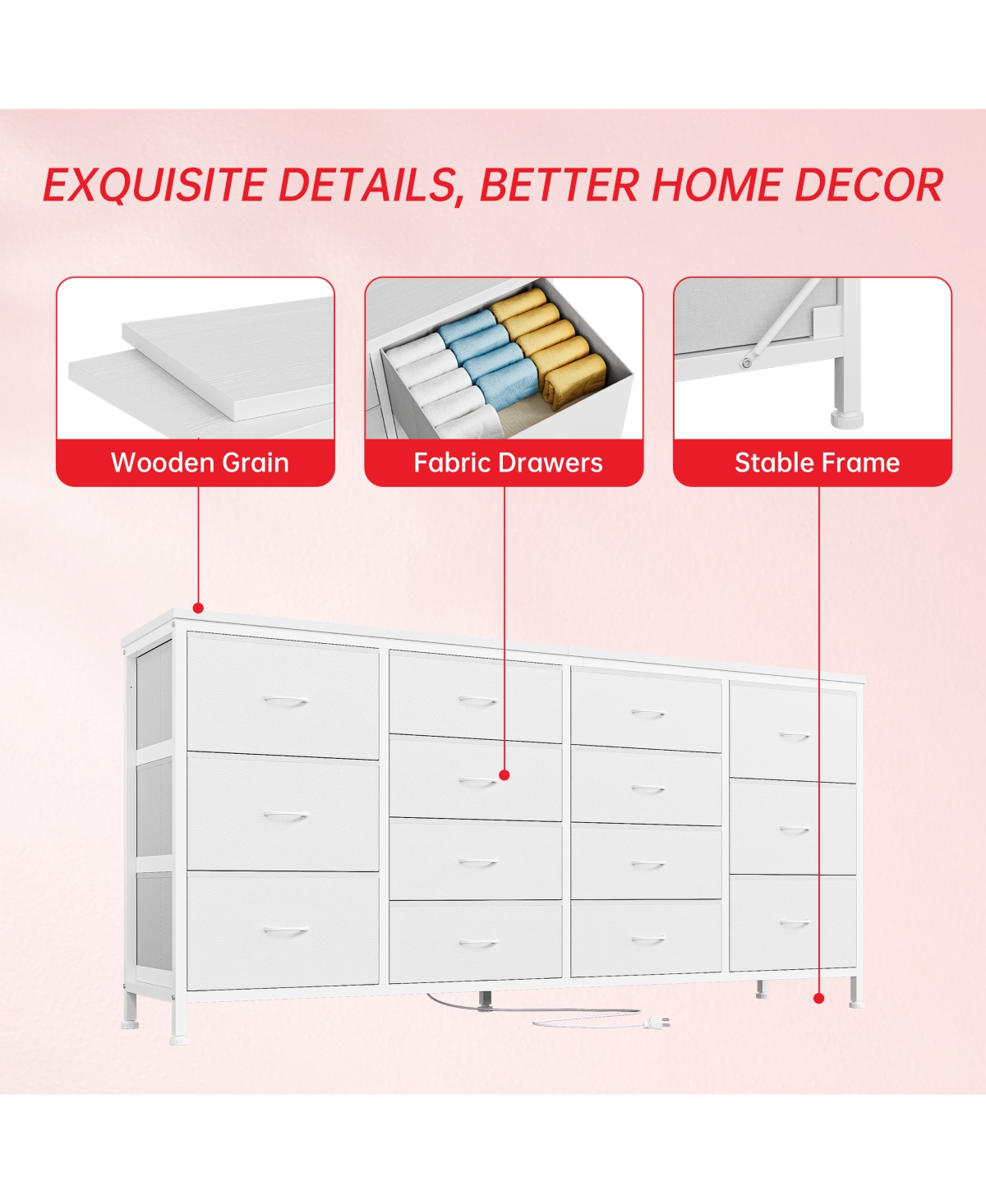 gaomon 63" Black Fabric 14-Drawer Dresser Tv Stand, with Power Outlet for 65-75" TVs