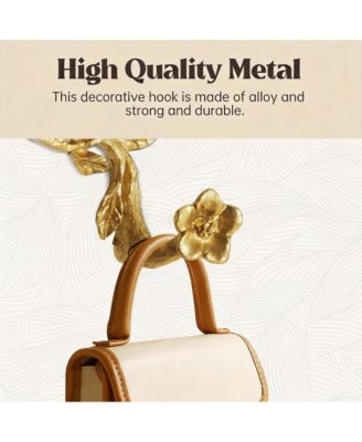 Vintage Gold Metal Hook Rack with 3 Hooks, Birds & Flowers Design