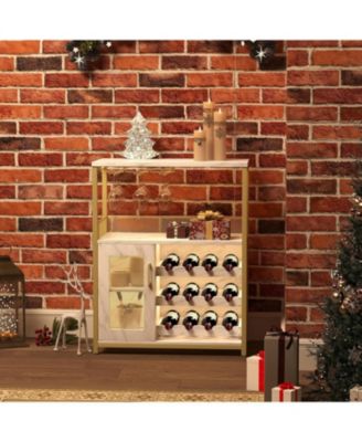 3-Tier Wine Bar Cabinet with LED Lights, Detachable Wine Rack, Glass Holder, and Mesh Door for Kitchen, Living Room, Bar.