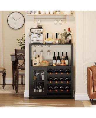3-Tier Wine Bar Cabinet with LED Lights, Detachable Wine Rack, Glass Holder, and Mesh Door for Kitchen, Living Room, Bar.