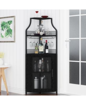 Farmhouse Wine Bar Corner Cabinet with Detachable Rack, Mesh Door, Glass Rack, and Storage for Kitchen and Dining Room
