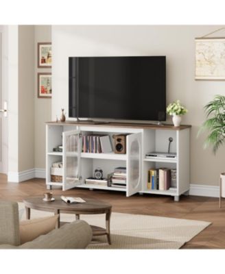 70" Rustic TV Stand for Living Room Entertainment Center with Corrugated Glass Doors & Open Shelves, Media Console