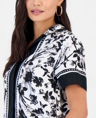 Petite Linen-Blend Printed Short-Sleeve Button-Up Shirt