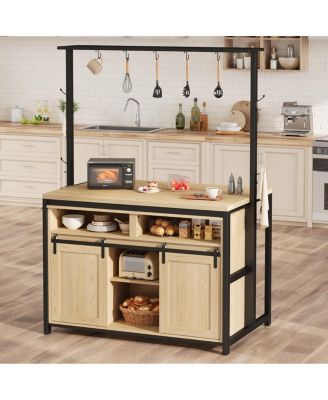 42" Rustic Wood Kitchen Island with Power Outlet, Sliding Barn Door Coffee Bar, 9 Hooks