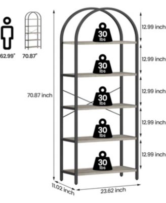 Arched 5-Tier Modern Bookshelf, Gold Metal Frame Tall Wood Storage Shelf for Living Room Bedroom