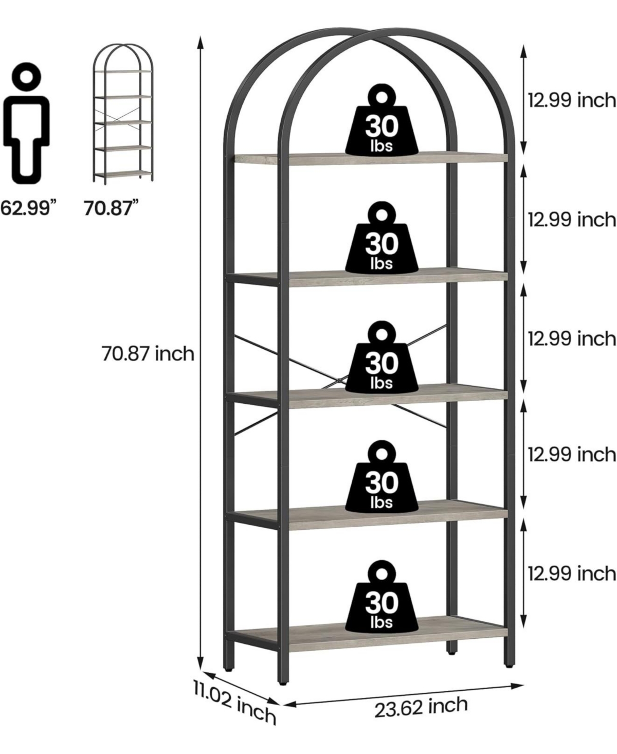 Gaomon Arched 5-Tier Modern Bookshelf, Gold Metal Frame Tall Wood Storage Shelf for Living Room Bedroom