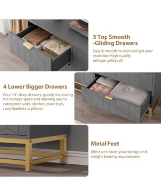 Modern 7 Drawer Wide Dresser Chest, Gold Metal Legs & Handles, Wood Storage Organizer for Bedroom Living Room