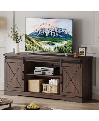 59" Farmhouse TV Stand for 65" TVs, Media Console with Sliding Barn Doors & Adjustable Shelves