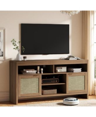 58" Boho Rattan TV Stand with Adjustable Shelves & Multi-Functional Storage