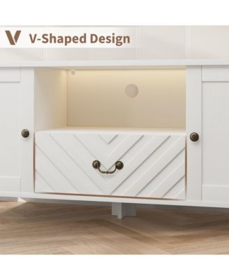 Farmhouse TV Stand, Media Console with V-Shaped Drawer, Open Compartment & 2 Cabinets