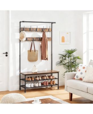 Rustic Industrial Hallway Storage Bench with Hooks and Shelves