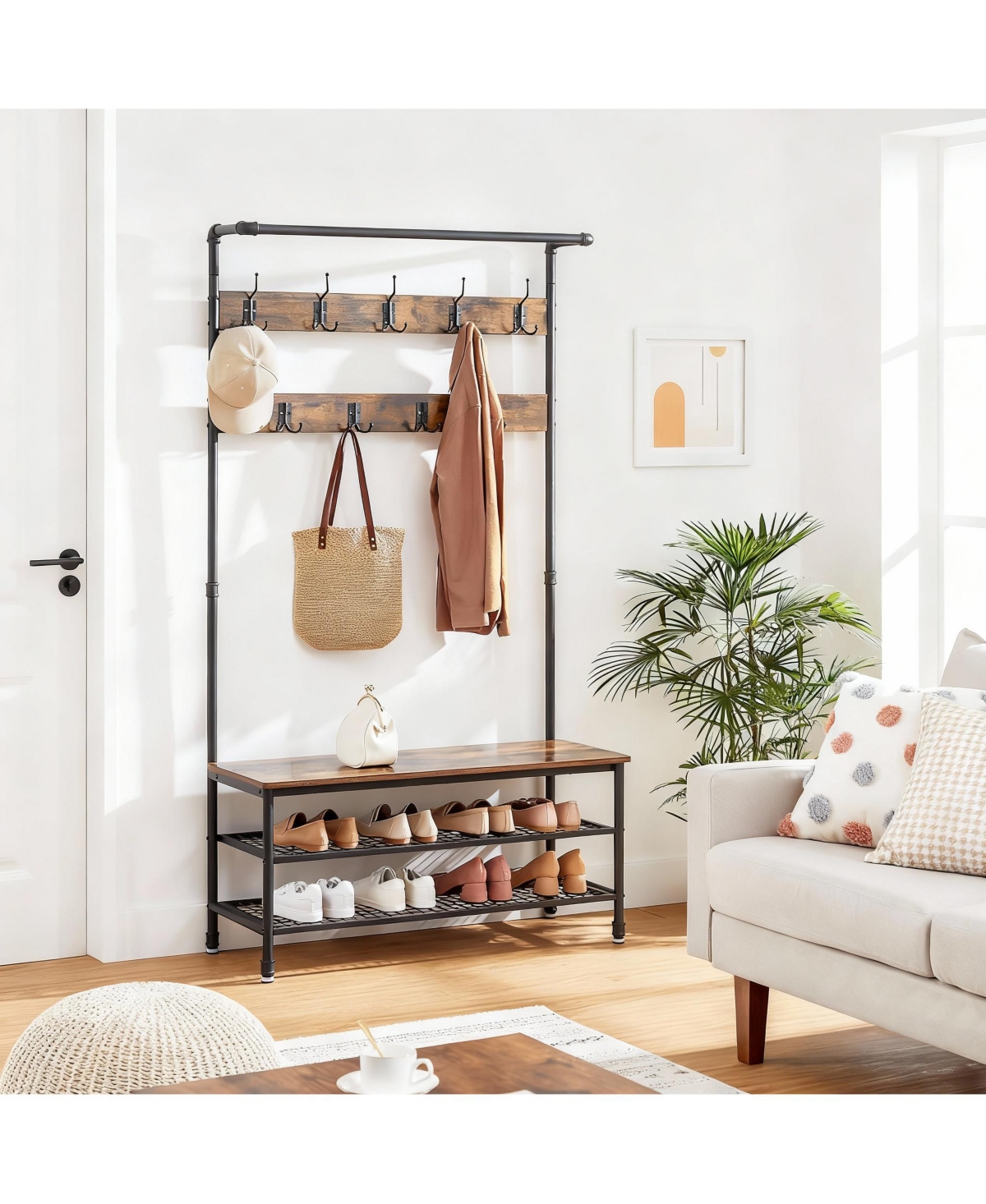 Yigii Rustic Industrial Hallway Storage Bench with Hooks and Shelves