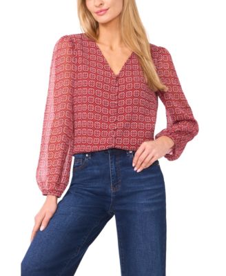 Women's Elastic Cuff V-Neck Button Up Top