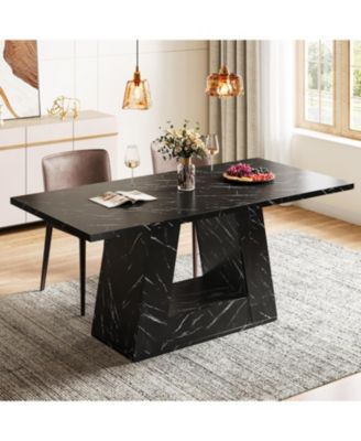 63" Dining Table for 4 to 6 People, Rectangular Dining Room Table, Modern Wooden Faux Marble Dinner Table with Sturdy Base