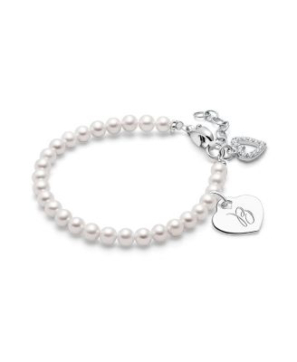 Children's Sterling Silver 4mm Cultured Pearls & Engraved Initial Girls' 6.25" Bracelet