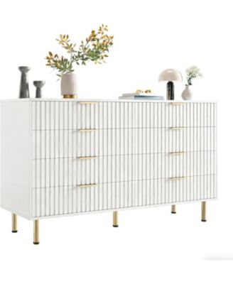 White 8 Drawer Dresser for Bedroom, Fluted Dresser with Large Drawers and Sturdy Gold Legs Support, Dressers & Chests of Drawers for Bedroom