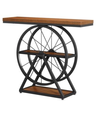 Industrial 3-Tier Console Table, 39.4" Sofa Table Entryway Table with Fixed Wheel Base, Narrow Wood Accent Tables
