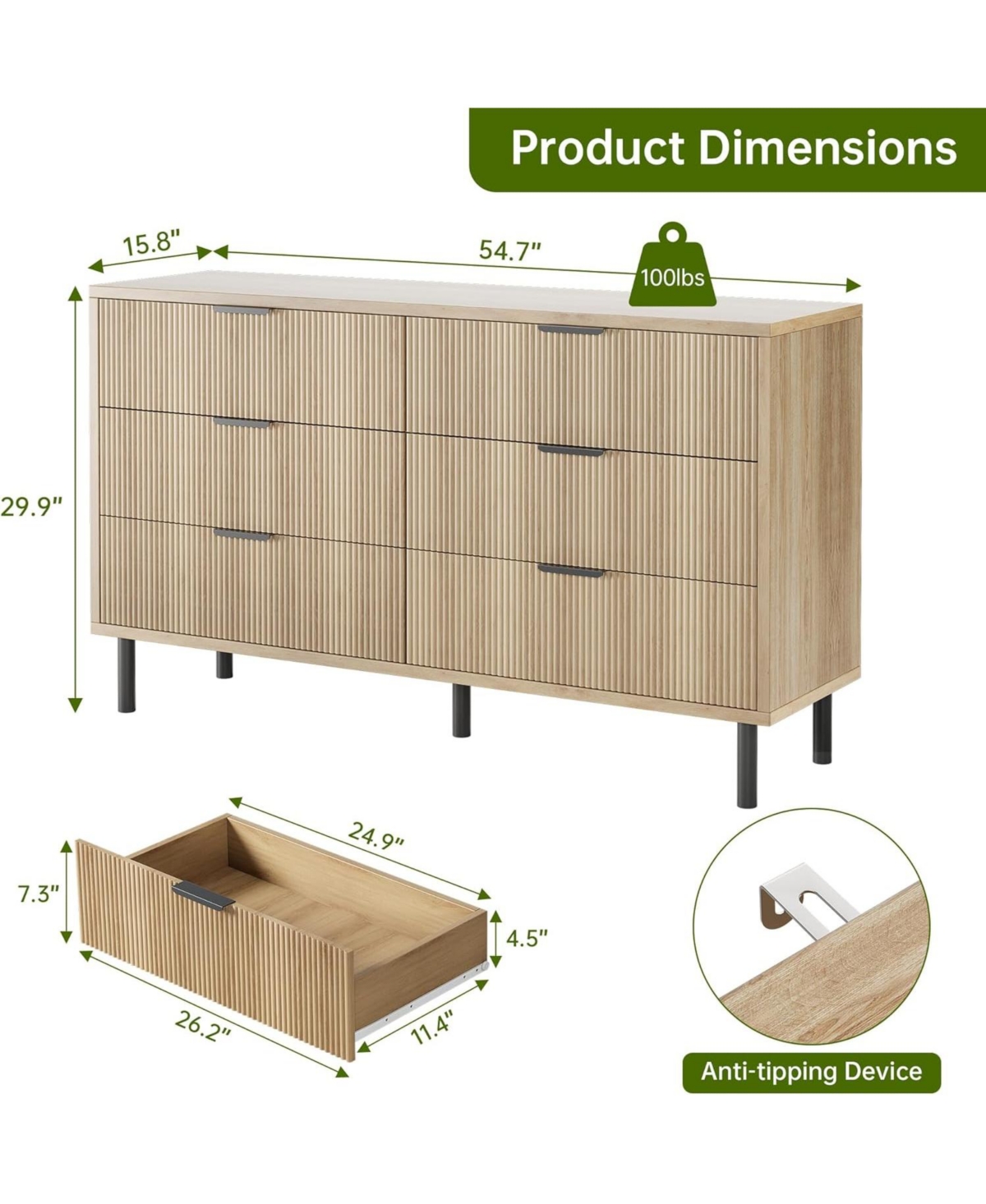 gaomon Oak Fluted 6 Drawer Dresser, Wide Wood Double Dresser with Metal Legs and Handles